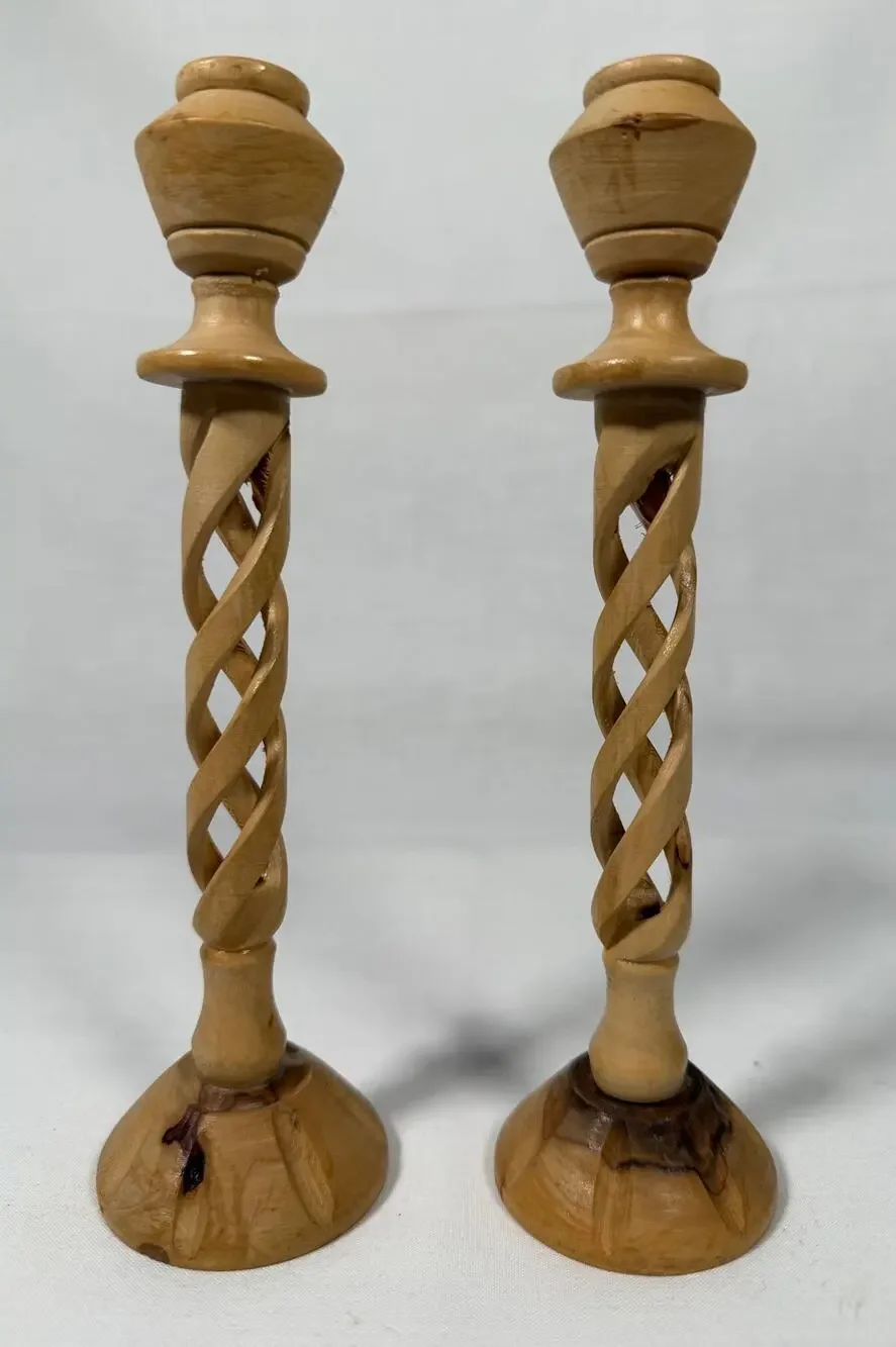 8Vintage Olive Wood Candlesticks Hand Carved Spiral Twist Pair MCM 60s 70s